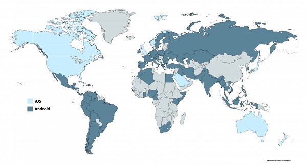 The map that shows the market share of IOS and android